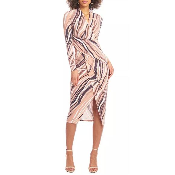 RACHEL Rachel Roy Printed Faux-Wrap Midi Long Sleeve Fitted Dress Sze Large NEW - Picture 1 of 9
